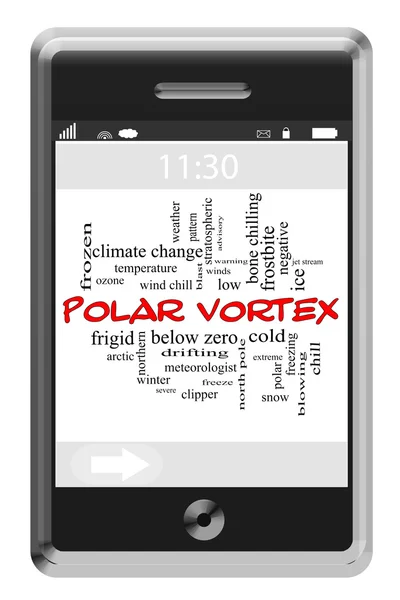 Polar vortex λέξη έννοια σύννεφο στο τηλέφωνο οθόνη αφής — Φωτογραφία Αρχείου