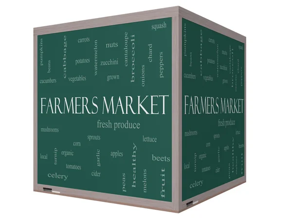 Farmers Market Word Cloud Concept on a 3D cube Blackboard — Stock Photo, Image