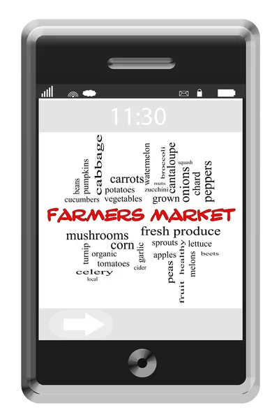 Conceito de nuvem de palavras do mercado de agricultores no telefone Touchscreen — Fotografia de Stock