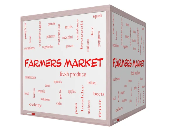 Farmers Market Word Cloud Concept on a 3D cube Whiteboard — Stock Photo, Image