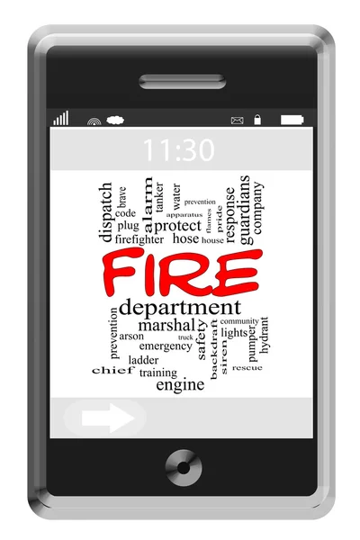 Feuerwehr-Word-Cloud-Konzept auf Touchscreen-Handy — Stockfoto