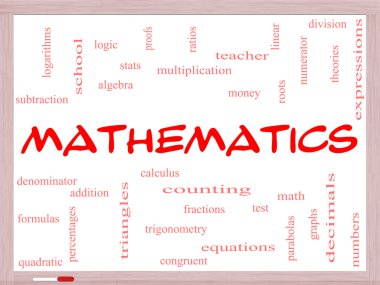 Matematik kelime bulutu kavramı bir beyaz tahta üzerinde