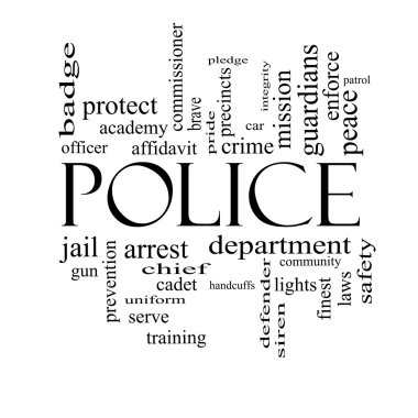 Polis kelime bulutu kavramı siyah beyaz