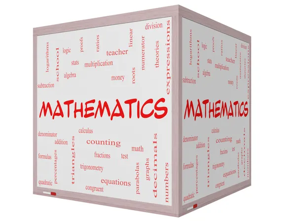 Matematik kelime bulutu kavramı üzerinde bir 3d küp beyaz tahta — Stok fotoğraf