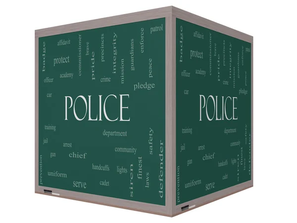 Concept Police Word Cloud sur un tableau noir cube 3D — Photo