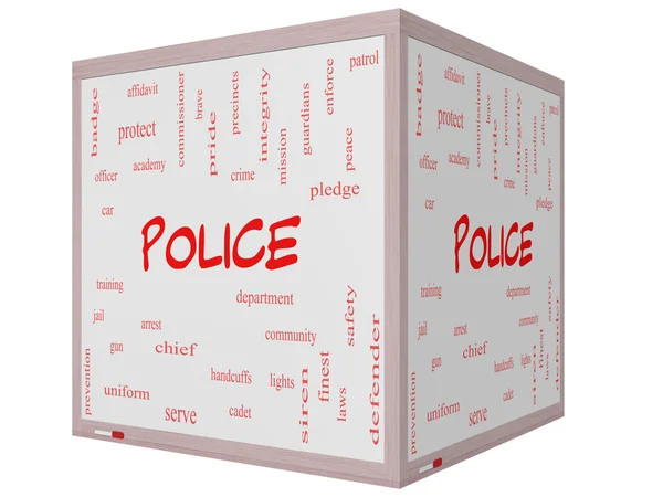 Concept Police Word Cloud sur un tableau blanc cube 3D — Photo