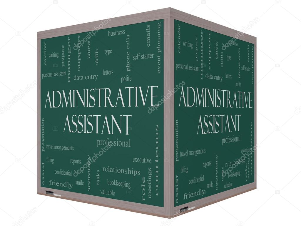 Administrative Assistant Word Cloud Concept on a 3D cube Blackboard