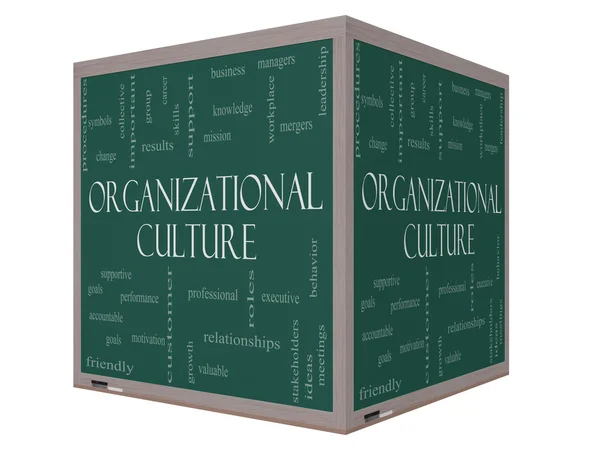 Cultura organizativa Word Cloud Concept en una pizarra de cubo 3D — Foto de Stock