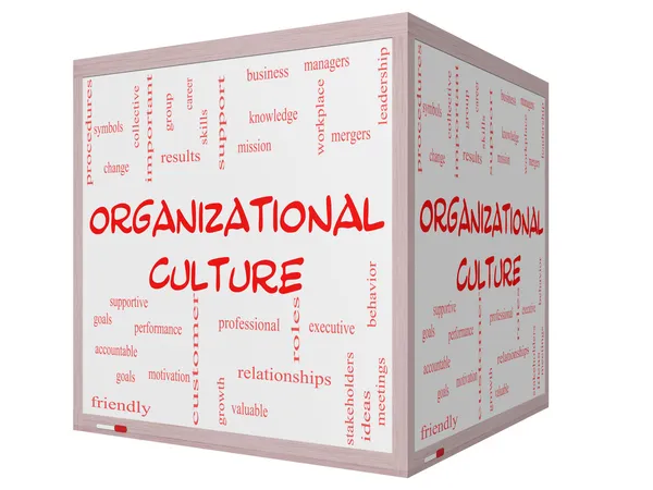 Cultura organizacional Word Cloud Concept em um quadro branco de cubo 3D — Fotografia de Stock