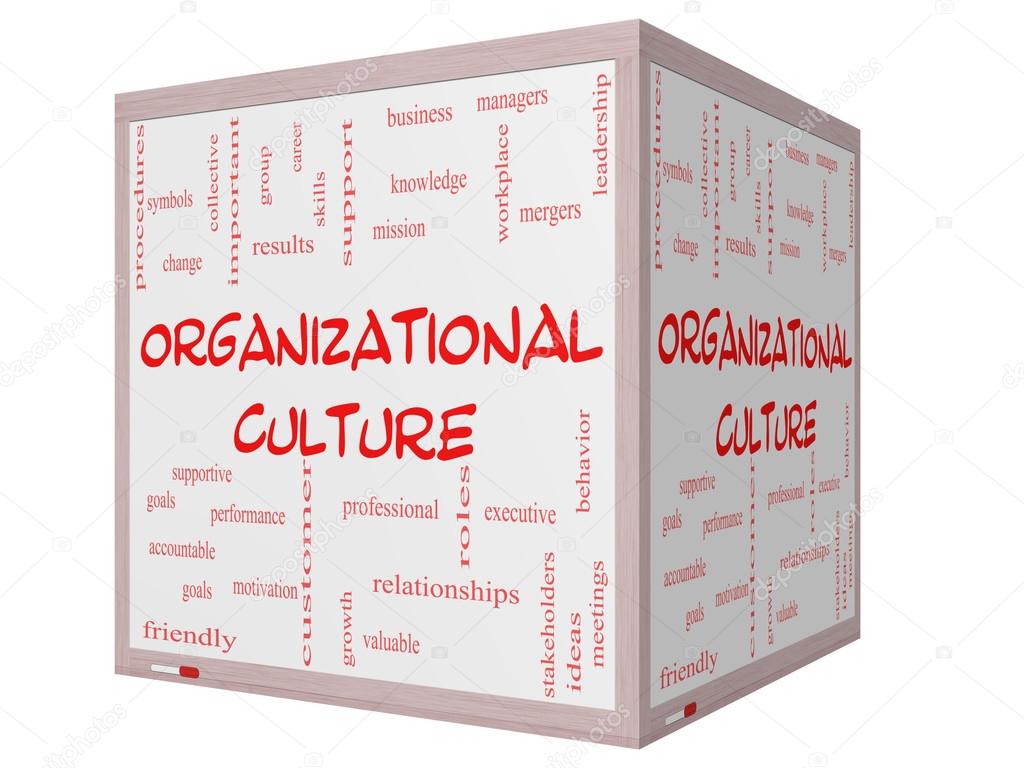 Organizational Culture Word Cloud Concept on a 3D cube Whiteboard