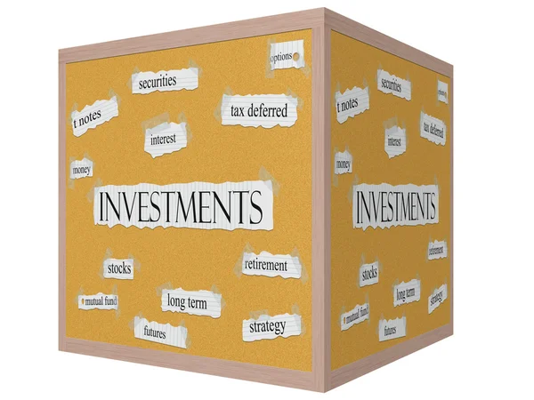 Investimenti 3D cubo cartone ondulato Word Concept — Foto Stock