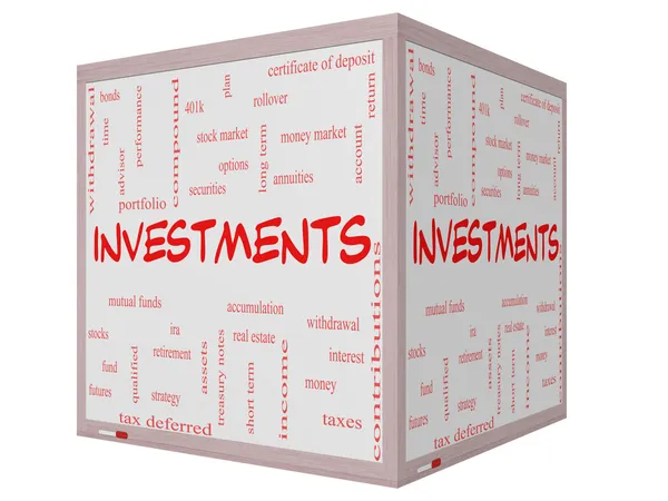 Investments Word Cloud Concept on a 3D cube Whiteboard — Stock Photo, Image