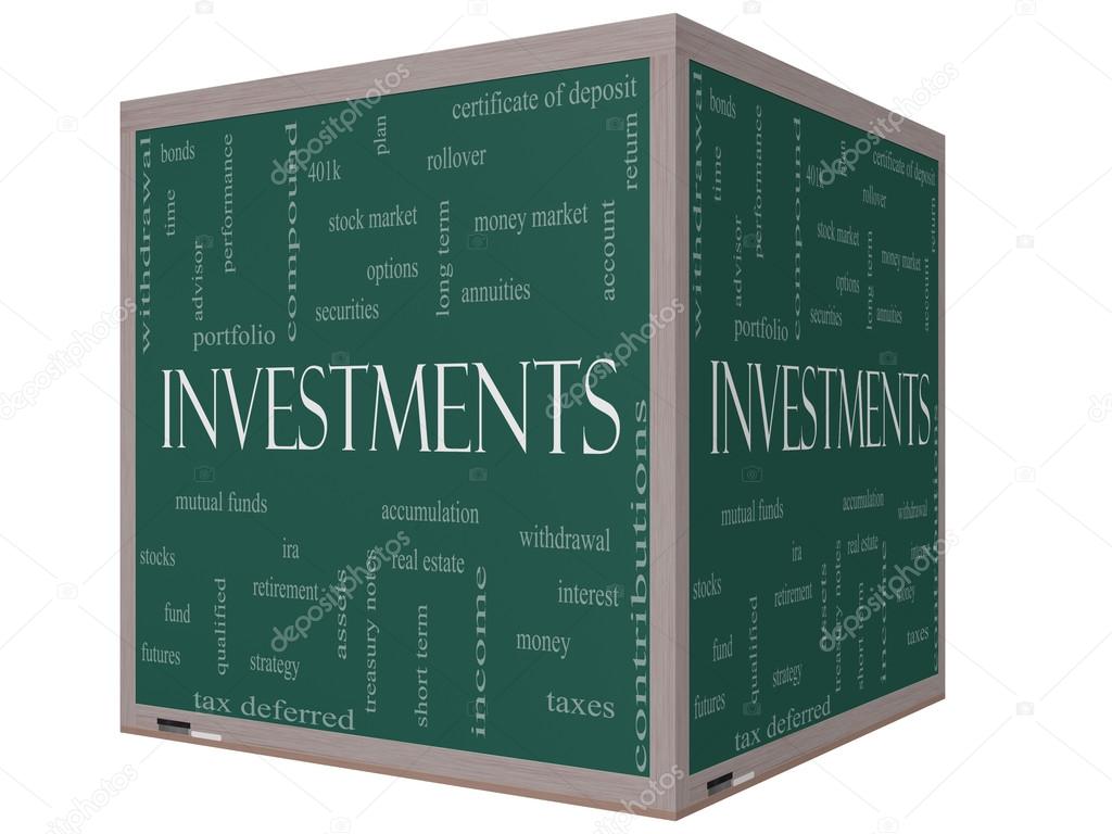 Investments Word Cloud Concept on a 3D cube Blackboard
