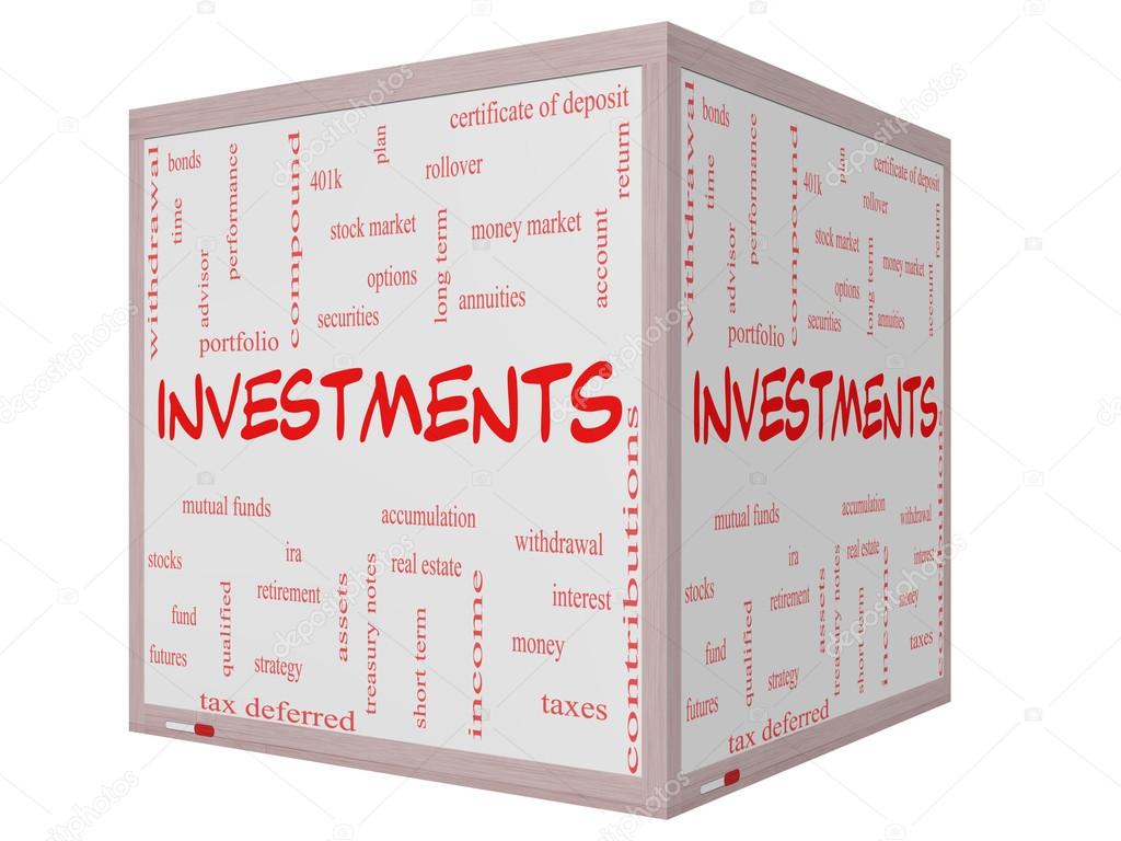 Investments Word Cloud Concept on a 3D cube Whiteboard