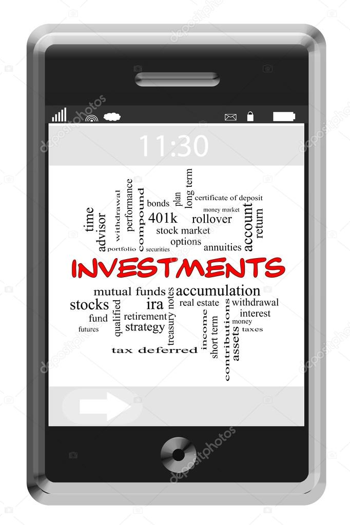 Investments Word Cloud Concept on Touchscreen Phone