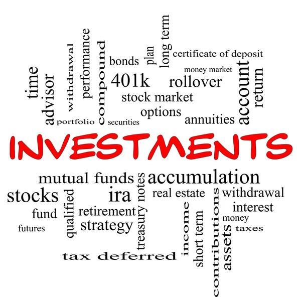 Investimentos Word Cloud Concept em bonés vermelhos — Fotografia de Stock