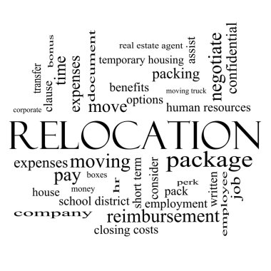 Relocation Word Cloud Concept in black and white clipart