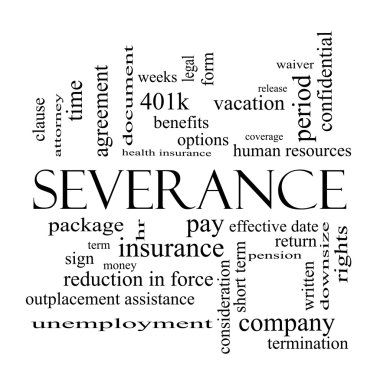 Severance Word Cloud Concept in black and white clipart