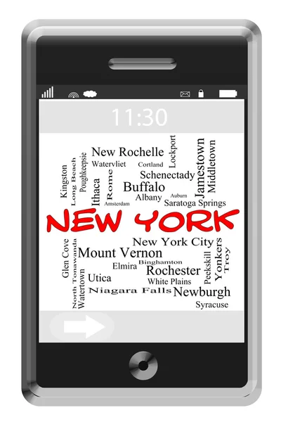 New York Word Cloud Concept on Touchscreen Phone — Stock Photo, Image