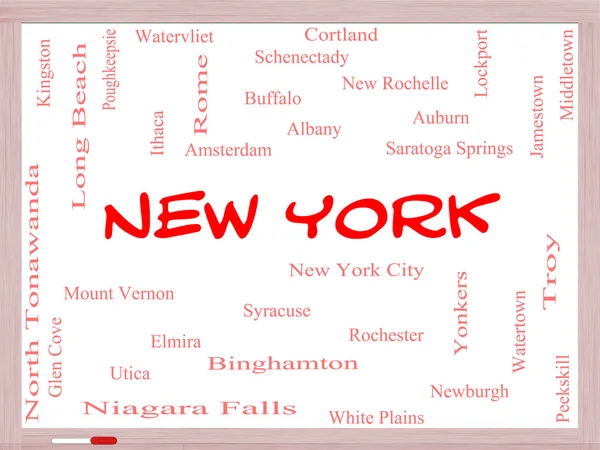 New York State Word Cloud Concept su una lavagna bianca — Foto Stock