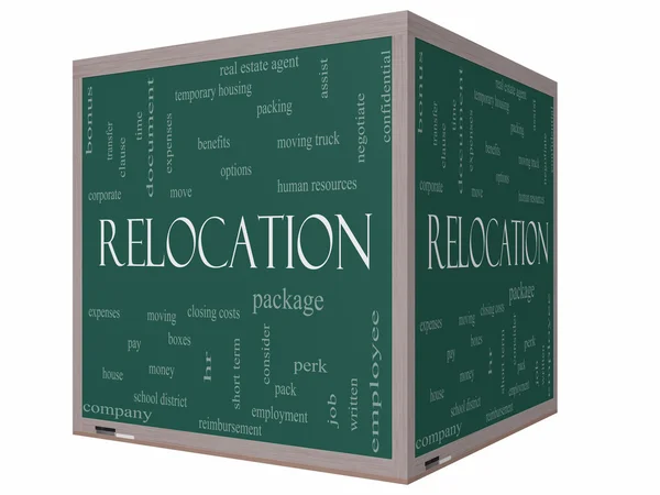 Relocation Word Cloud Concept on a 3D cube Blackboard — Stock Photo, Image