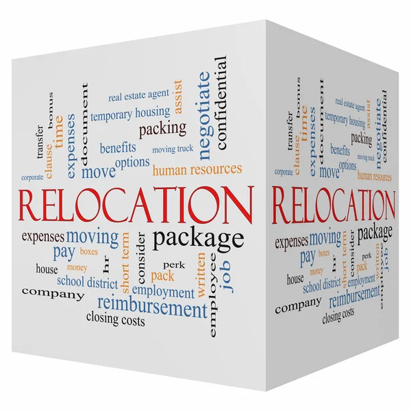 Relocation 3D cubo Word Cloud Concept — Foto de Stock