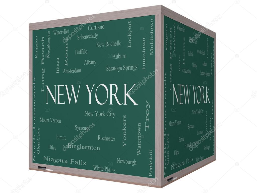 New York State Word Cloud Concept on a 3D Cube Blackboard