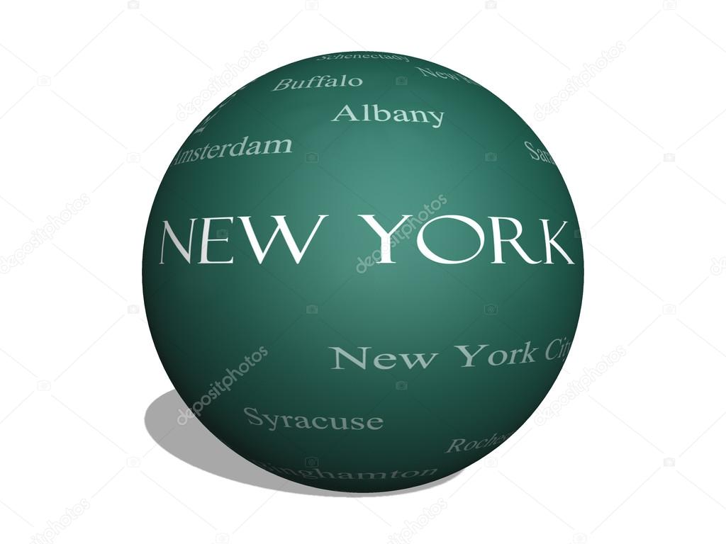 New York State Word Cloud Concept on a 3D Sphere Blackboard