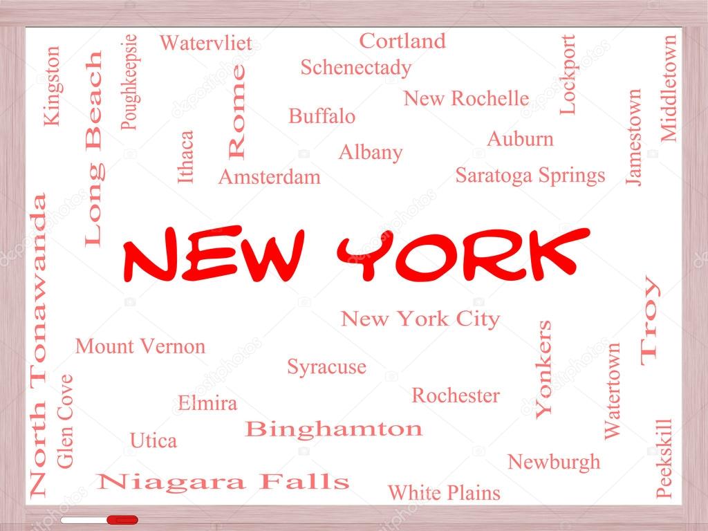 New York State Word Cloud Concept on a Whiteboard