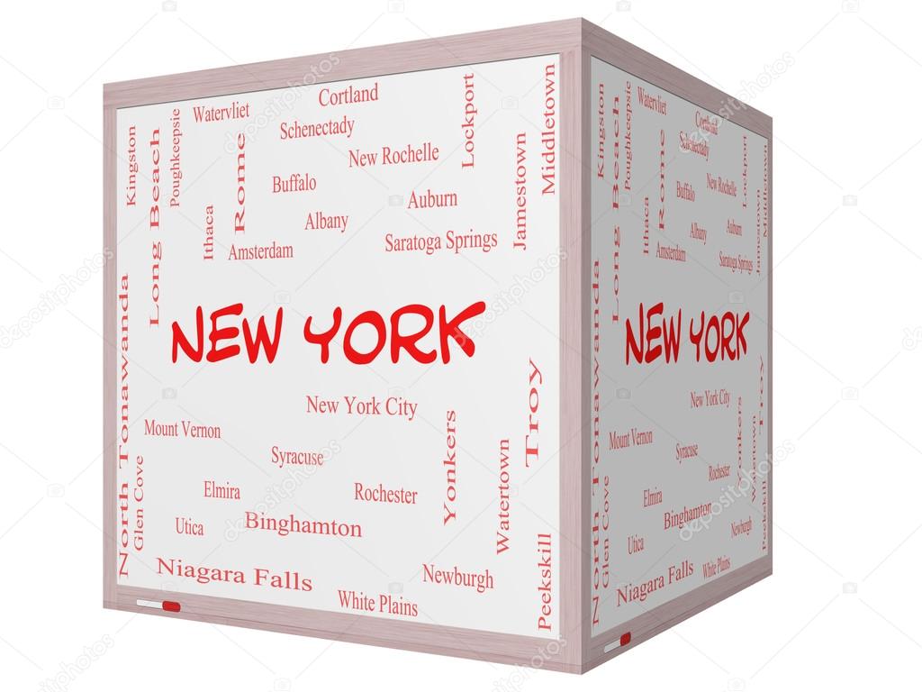 New York State Word Cloud Concept on a 3D cube Whiteboard