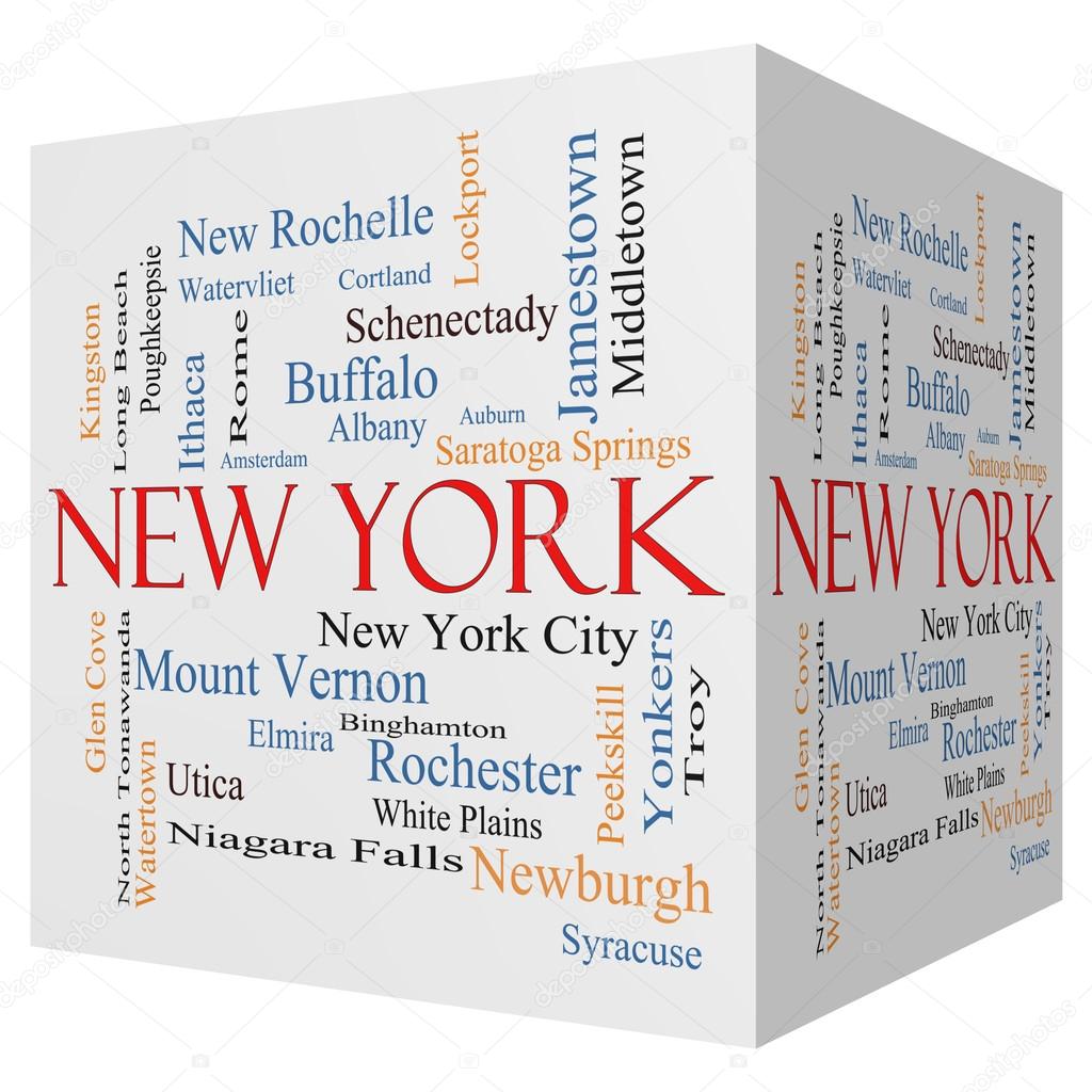 New York State 3D cube Word Cloud Concept