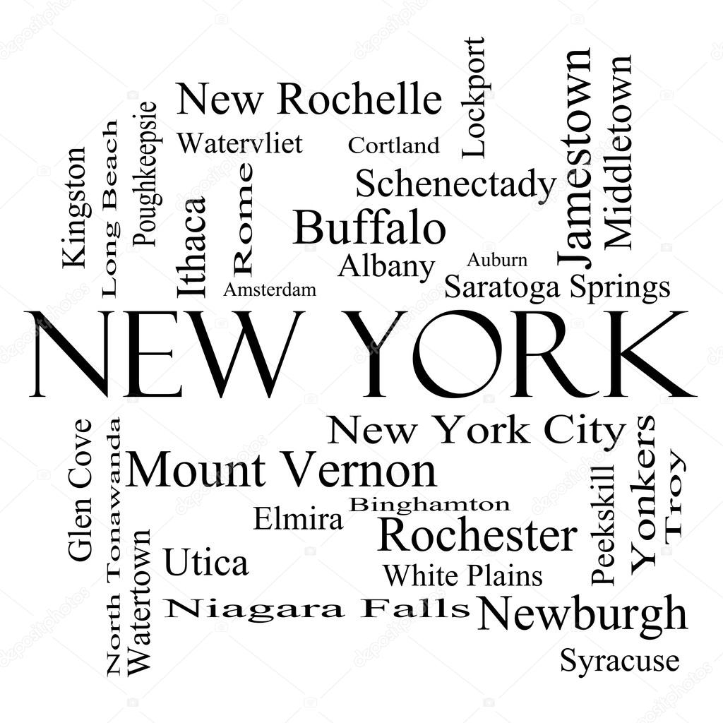 New York State Word Cloud Concept in black and white