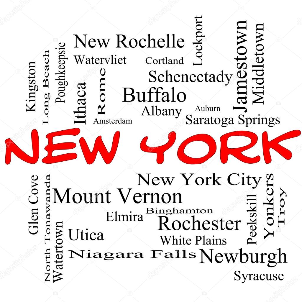 New York State Word Cloud Concept in red caps