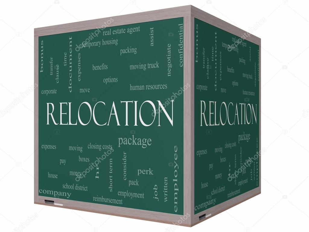 Relocation Word Cloud Concept on a 3D cube Blackboard