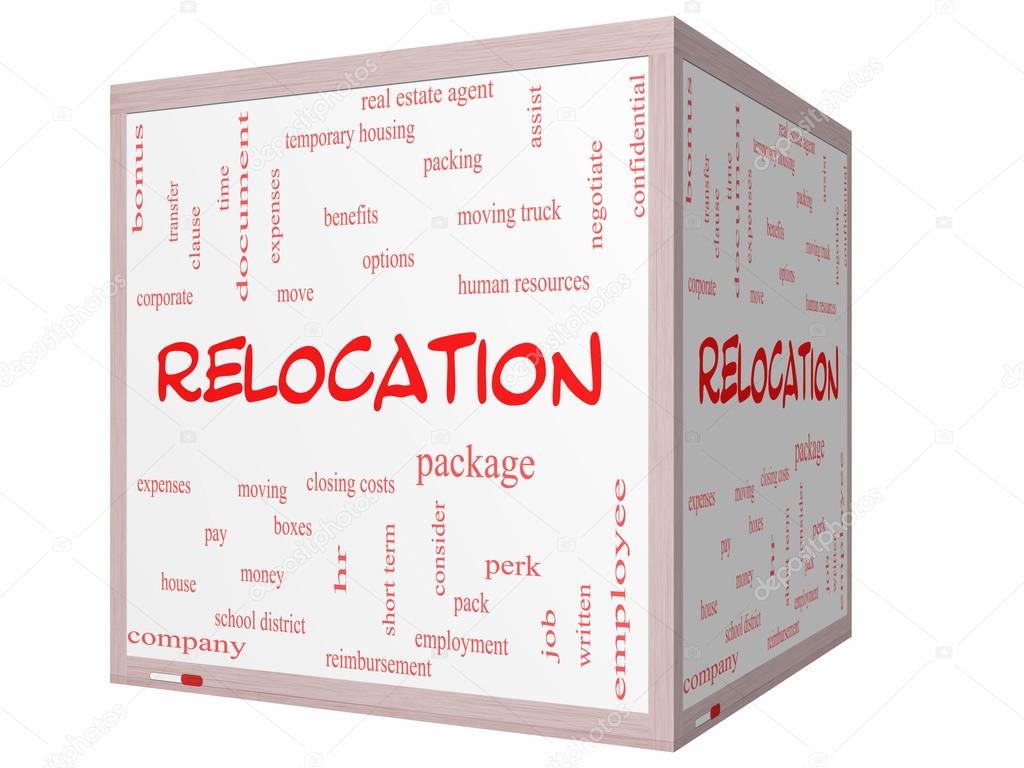 Relocation Word Cloud Concept on a 3D cube Whiteboard