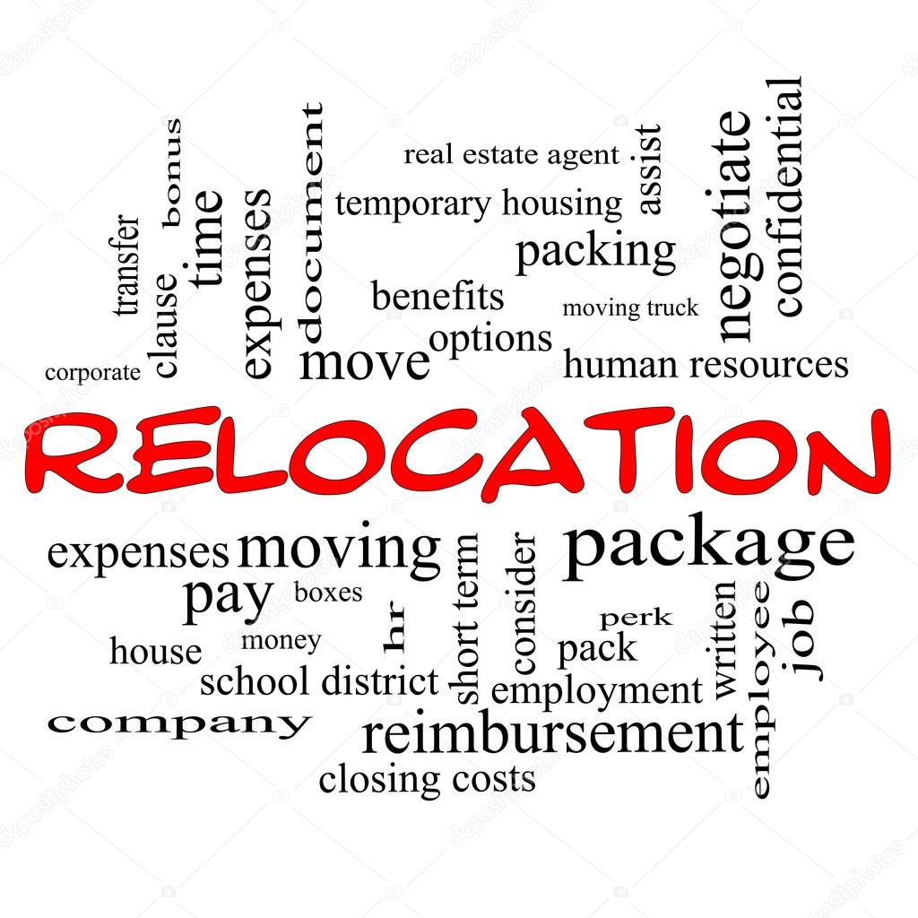 Relocation Word Cloud Concept in red caps
