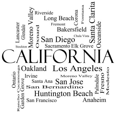 California State Word Cloud Concept in black and white clipart