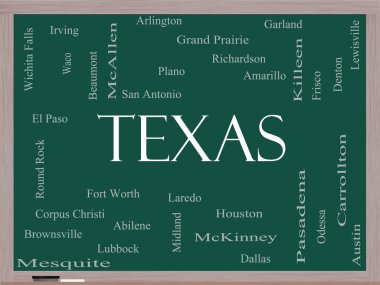 Texas State Word Cloud Concept on a Blackboard clipart