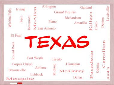 Texas devlet word cloud kavramı bir beyaz tahta üzerinde