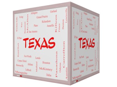 Texas devlet word cloud kavramı üzerinde bir 3d küp beyaz tahta