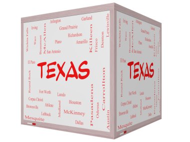 Texas devlet word cloud kavramı üzerinde bir 3d küp beyaz tahta