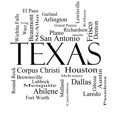 Texas State Word Cloud Concept in black and white clipart