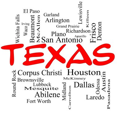 Texas State Word Cloud Concept in red caps clipart