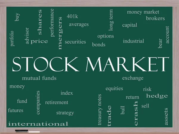 Stock Market Word Cloud Concept on a Blackboard — Stock Photo, Image