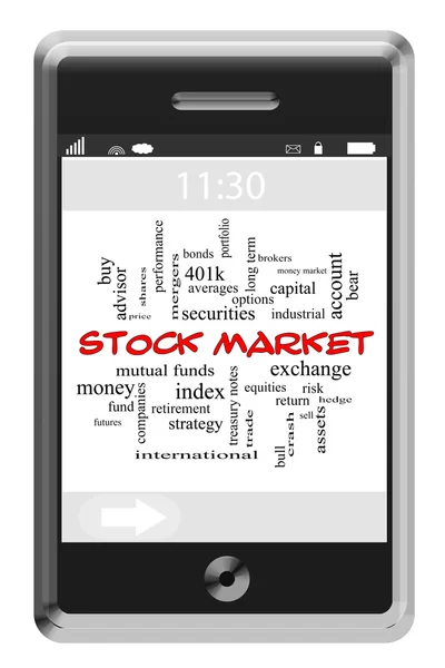 Stock Market Word Cloud Concept on Touchscreen Phone — Stock Photo, Image