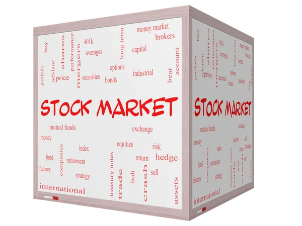 Stock Market Word Cloud Concept on a 3D cube Whiteboard — Stock Photo, Image