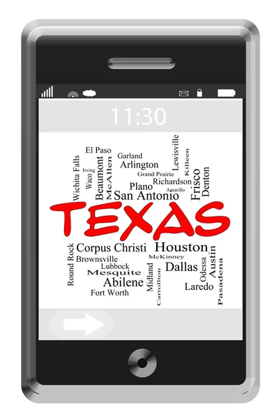 Texas state word cloud concept auf touchscreen phone — Stockfoto