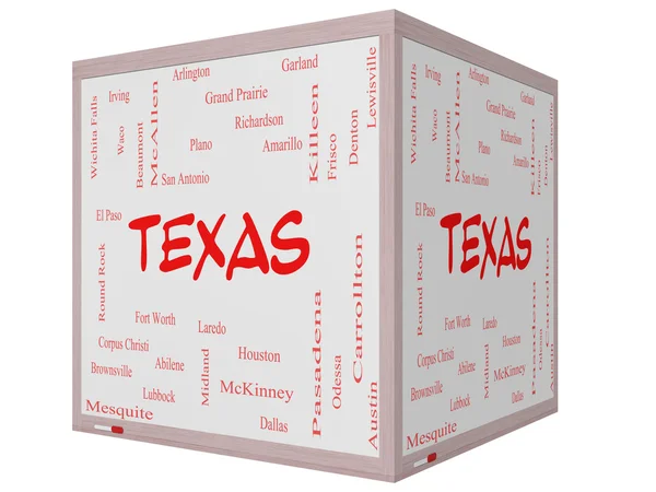 Texas State Word Cloud Concept on a 3D cube Whiteboard — Stock Photo, Image