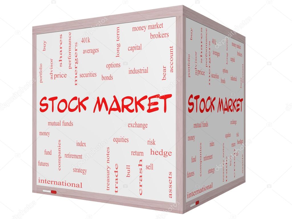 Stock Market Word Cloud Concept on a 3D cube Whiteboard