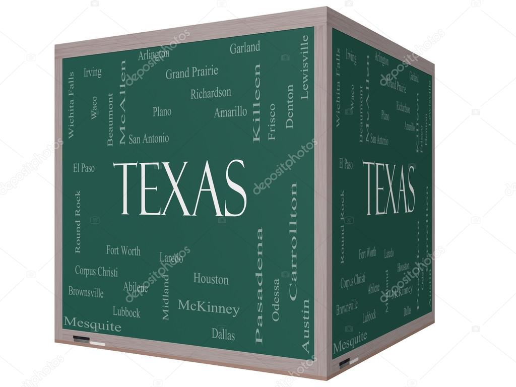Texas State Word Cloud Concept on a 3D cube Blackboard